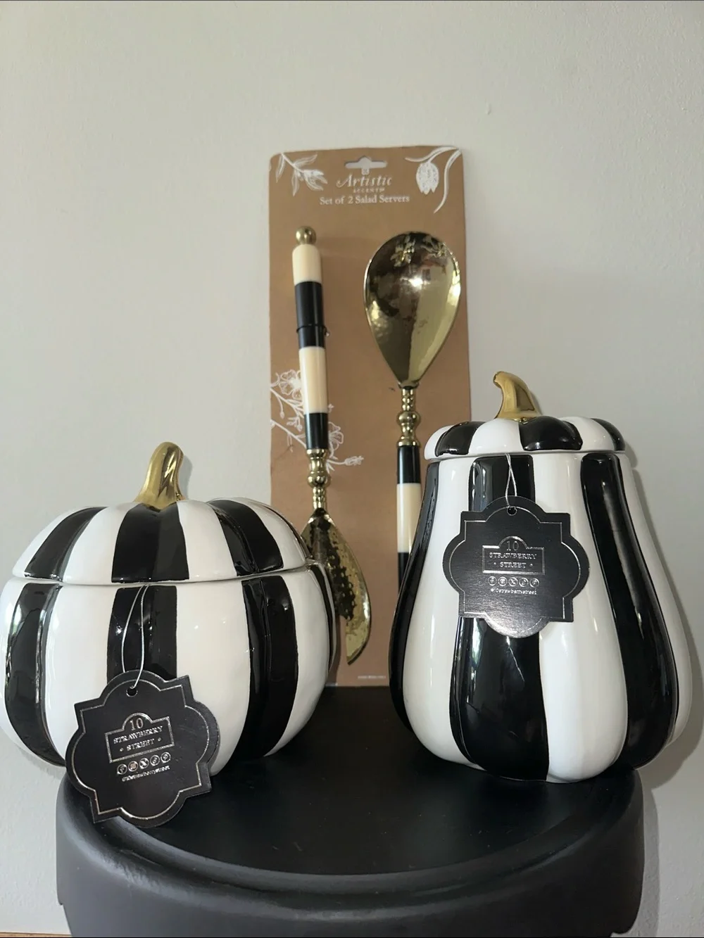 Black & White Striped Ceramic Pumpkin Canisters McKenzie Childs inspired